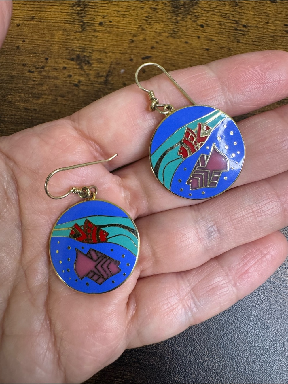 Laurel Burch Blue Turquoise Red Pink Enamel Fish Dangle Earrings